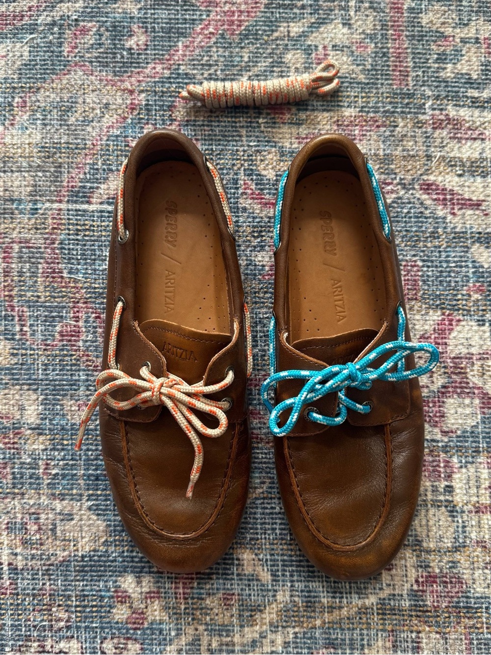 Aritzia Brown Leather Boat Shoes with Blue and Coral Laces